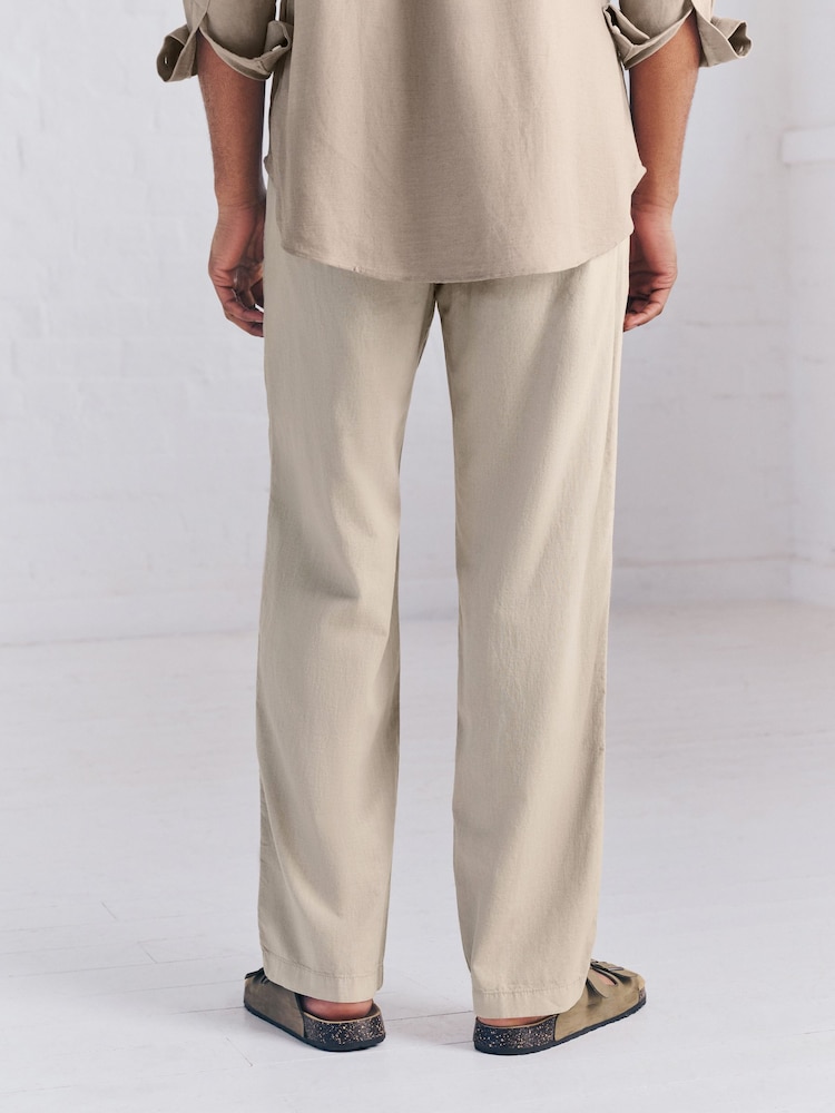 Natural Relaxed Fit Linen Cotton Elasticated Waist Drawstring Trousers - Image 4 of 10