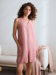 Pink Stripe 100% Linen Playsuit - Image 1 of 5