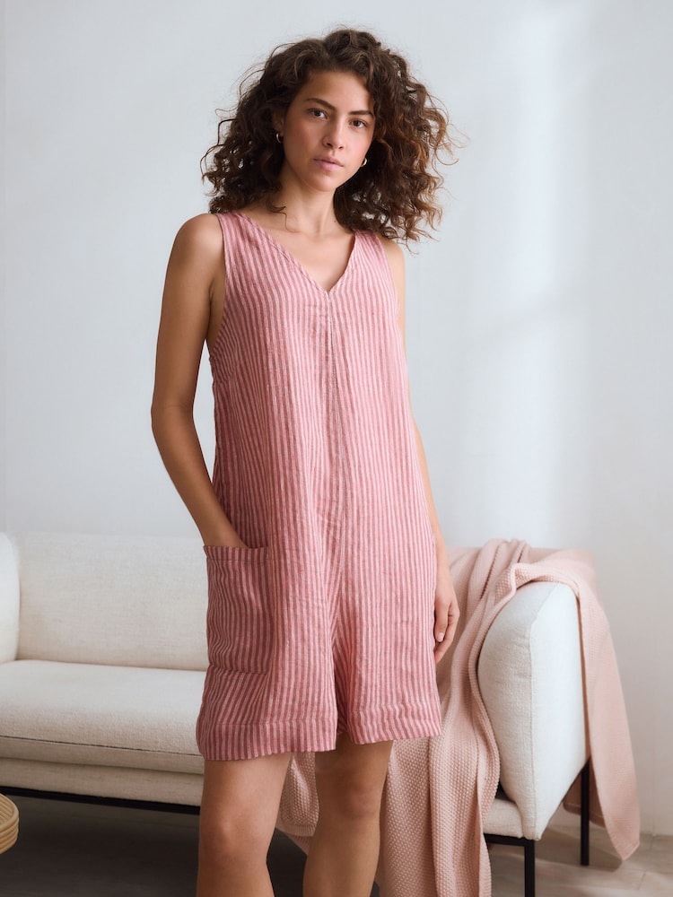 Pink Stripe 100% Linen Playsuit - Image 1 of 5