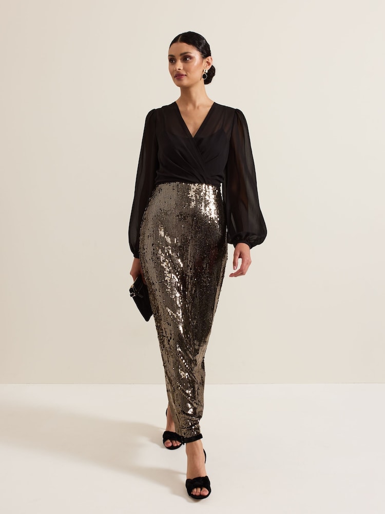 Phase Eight Black Aniya Sequin Long Sleeved Maxi Dress - Image 1 of 6