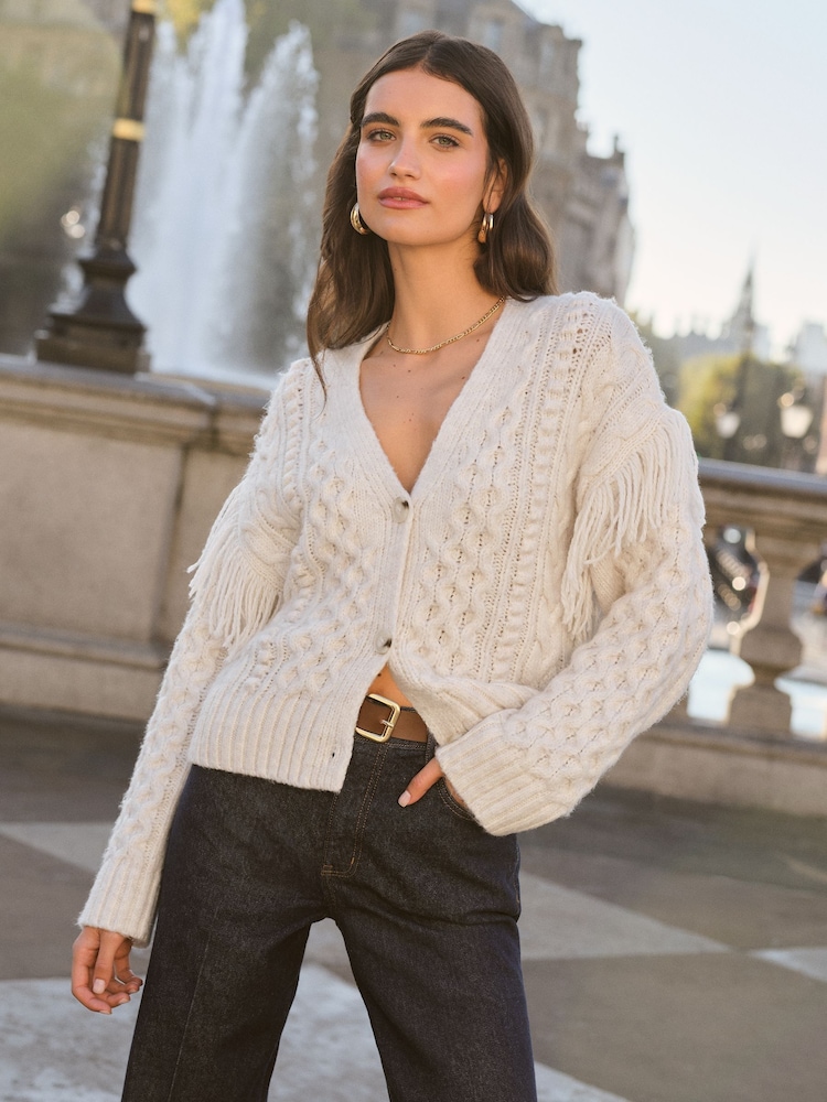 Friends Like These Cream Fringe Sleeve Cable Cardigan - Image 1 of 4