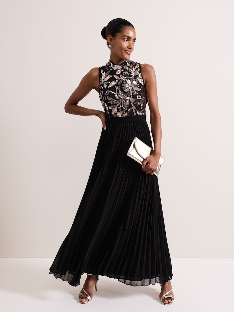 Phase Eight Black Emalise Sequin Pleat Maxi Dress - Image 1 of 7