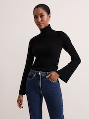 Phase Eight Black Fran Fluted Sleeve Ribbed Roll Neck Jumper - Image 1 of 7