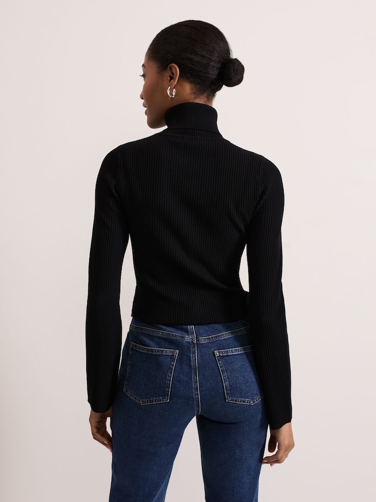 Phase Eight Black Fran Fluted Sleeve Ribbed Roll Neck Jumper - Image 2 of 7