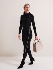 Phase Eight Black Hartley Zip Ribbed Column Dress - Image 1 of 7