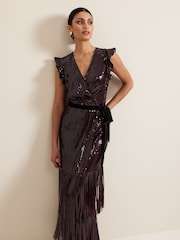 Phase Eight Red Chanai Sequin Wrap Maxi Dress - Image 3 of 7