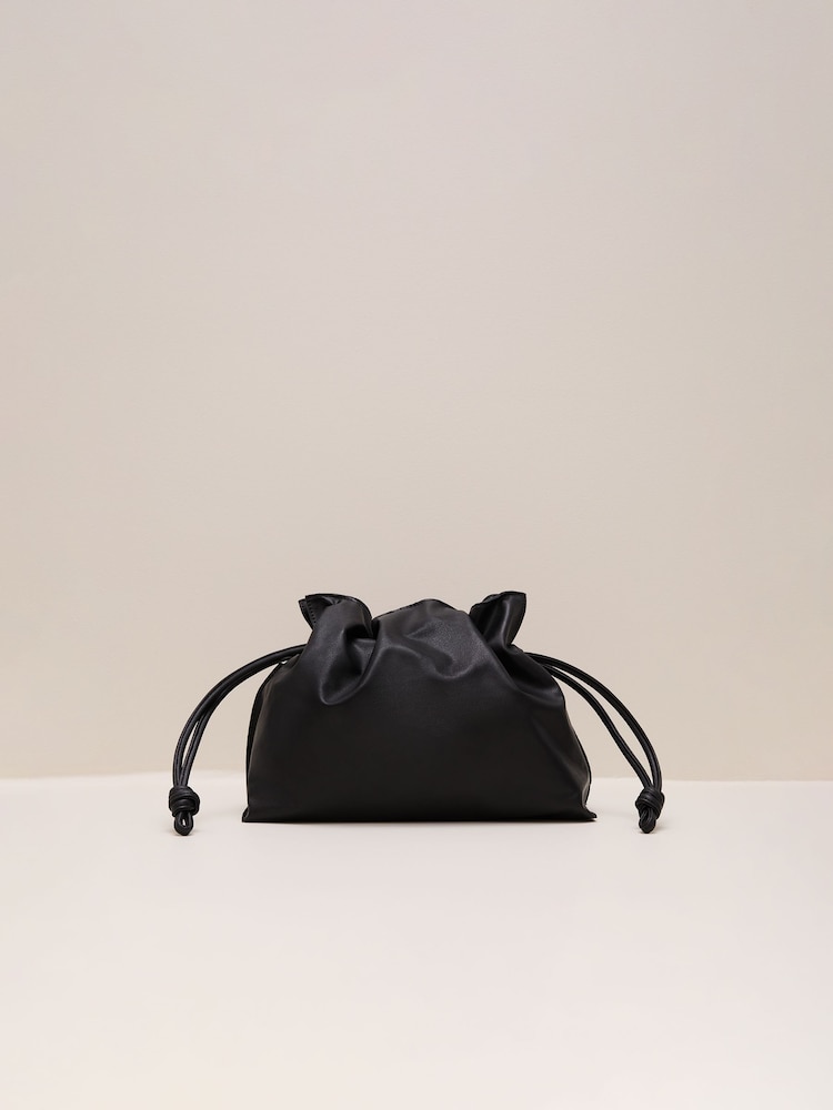 Phase Eight Black Leather Drawstring Soft Pouch Bag - Image 1 of 7