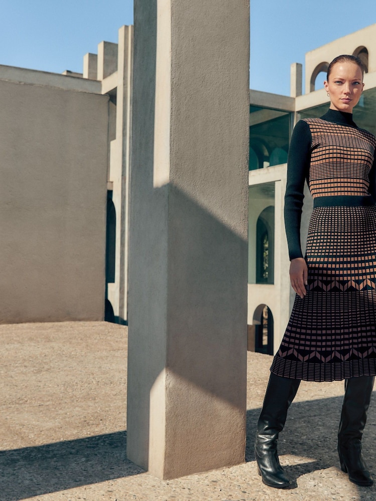 Phase Eight Brown Bethan Geo Jaquard Midi Dress - Image 2 of 10