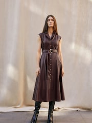 Phase Eight Burgundy Red Ellie Faux Leather Shirt Dress - Image 1 of 8