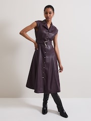 Phase Eight Burgundy Red Ellie Faux Leather Shirt Dress - Image 2 of 8