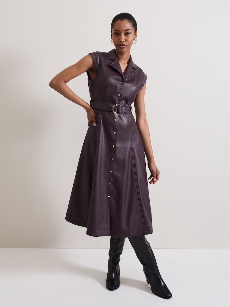 Phase Eight Burgundy Red Ellie Faux Leather Shirt Dress - Image 2 of 8