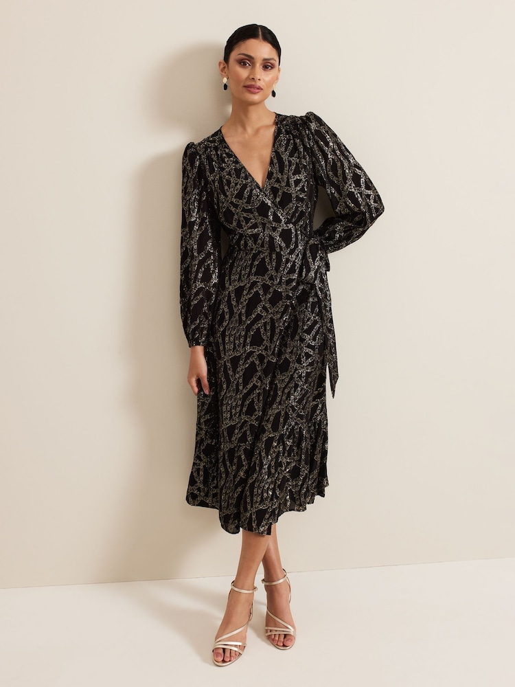 Phase Eight Black Jazminda Shimmer Wrap Midi Dress - Image 1 of 7