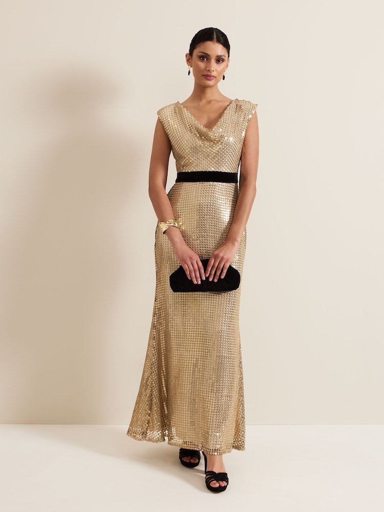 Phase Eight Metallic Jamae Gold Sequin Maxi Dress - Image 1 of 7