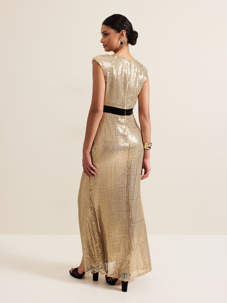 Phase Eight Metallic Jamae Gold Sequin Maxi Dress - Image 2 of 7