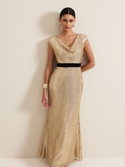 Phase Eight Metallic Jamae Gold Sequin Maxi Dress - Image 3 of 7
