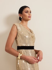 Phase Eight Metallic Jamae Gold Sequin Maxi Dress - Image 5 of 7
