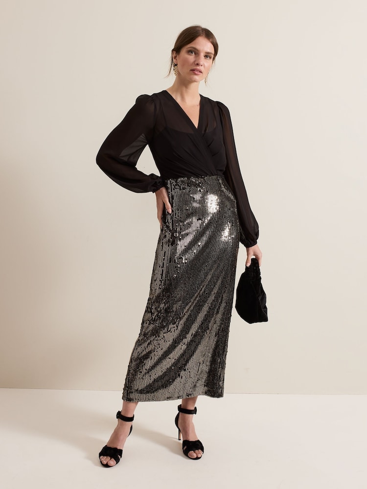 Phase Eight Black Petite Aniya Sequin Long Sleeved Maxi Dress - Image 1 of 6
