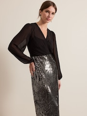 Phase Eight Black Petite Aniya Sequin Long Sleeved Maxi Dress - Image 3 of 6