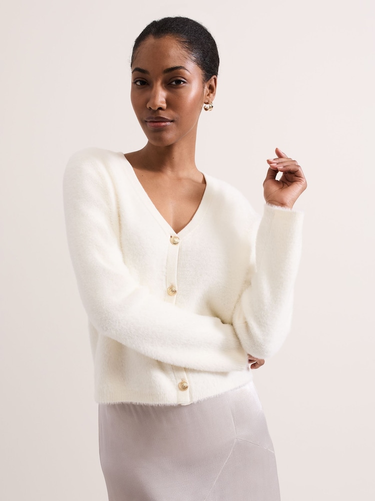 Phase Eight Cream Mindy Fluffy Knit V-Neck Cardigan - Image 1 of 7