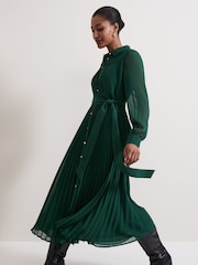 Phase Eight Green Gabriela Pleated Shirt Dress - Image 3 of 7