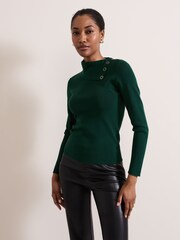 Phase Eight Green Regina Popper Collar Ribbed Top - Image 1 of 7