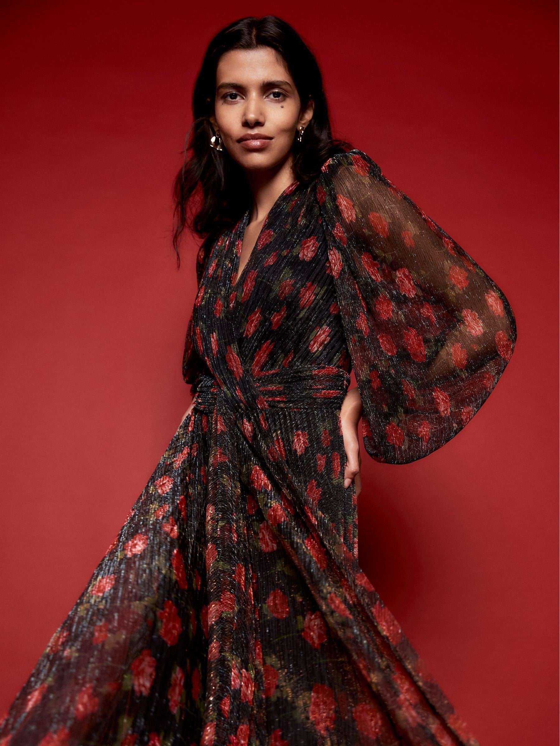 Red floral maxi wrap dress outlet