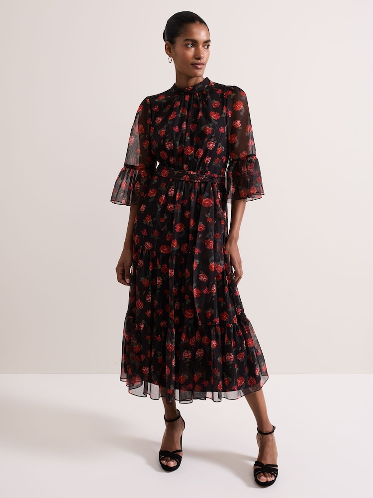 Phase Eight Black Lela Floral Textured Midi Dress - Image 2 of 7