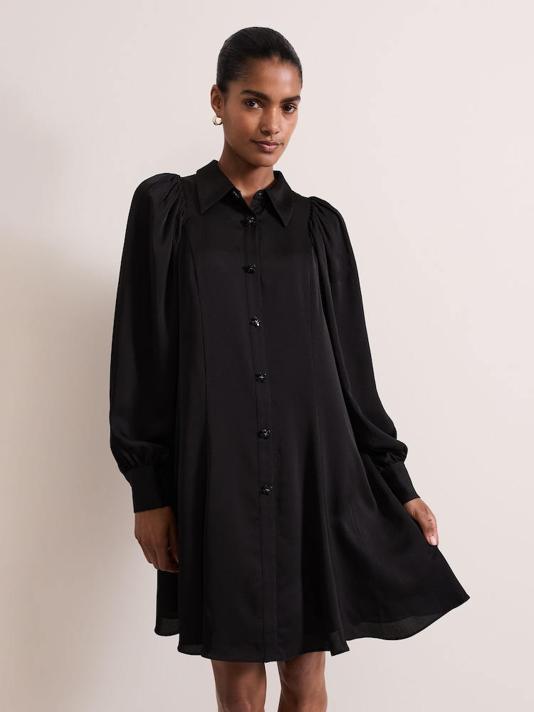 Phase Eight Black Tila Satin Embellished Shirt Dress - Image 1 of 7