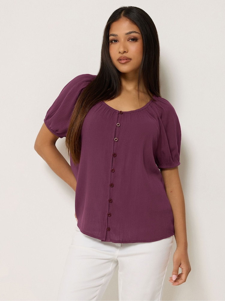 M&Co Purple Petite Crinkle Rayon Short Sleeve Blouse - Image 1 of 5