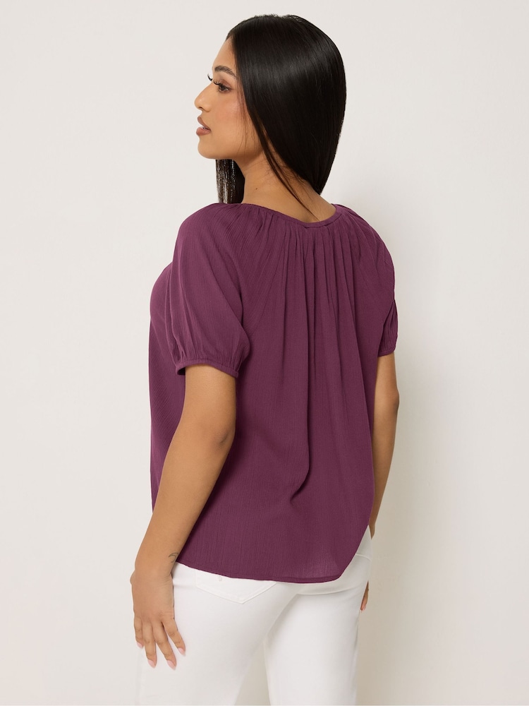 M&Co Purple Petite Crinkle Rayon Short Sleeve Blouse - Image 2 of 5
