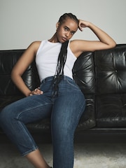 Dark Blue Hourglass Cropped Denim Capri Shorts - Image 1 of 5