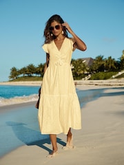 Lipsy Buttermilk Yellow Broderie Short Sleeve Ruched Front 100% Cotton Midi Dress - Image 1 of 4