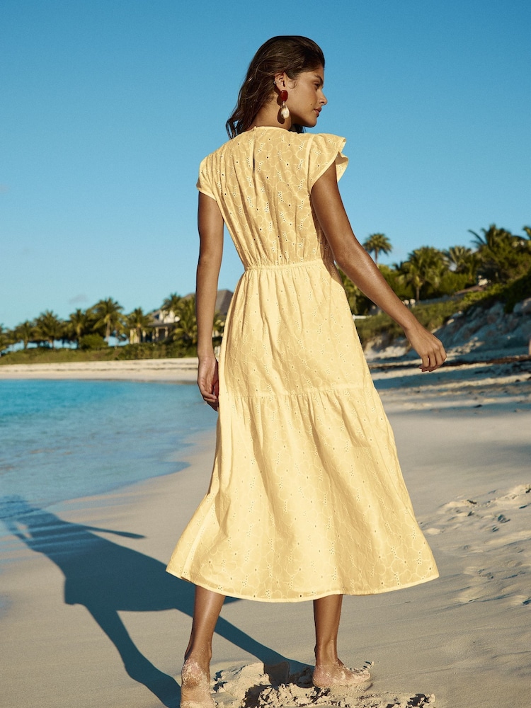 Lipsy Buttermilk Yellow Broderie Short Sleeve Ruched Front 100% Cotton Midi Dress - Image 3 of 4