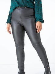 Roman Black Curve Faux Leather Elastic Waist Trousers - Image 1 of 3