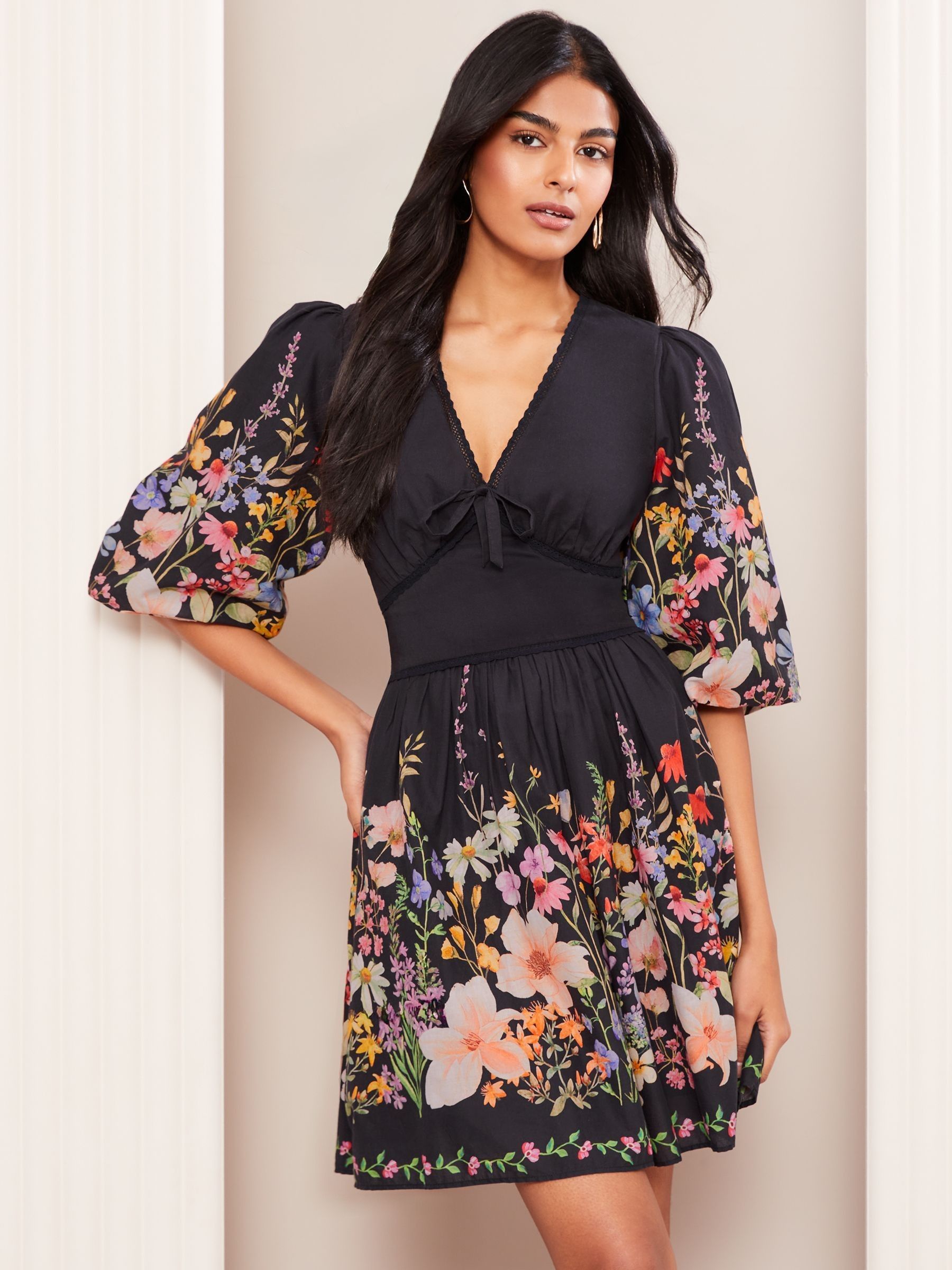 Buy Friends Like These Black Floral Print V-Neck Puff Sleeve