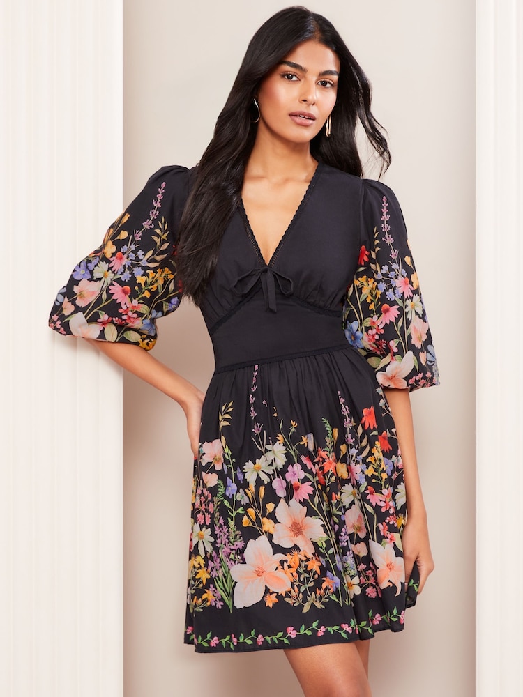 Buy Friends Like These Black Floral Print V-Neck Puff Sleeve Placement  Print 100% Cotton Mini Dress from Next USA