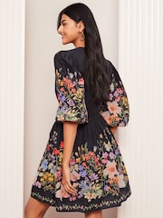 Friends Like These Black Floral Print V-Neck Puff Sleeve Placement Print 100% Cotton Mini Dress - Image 4 of 4