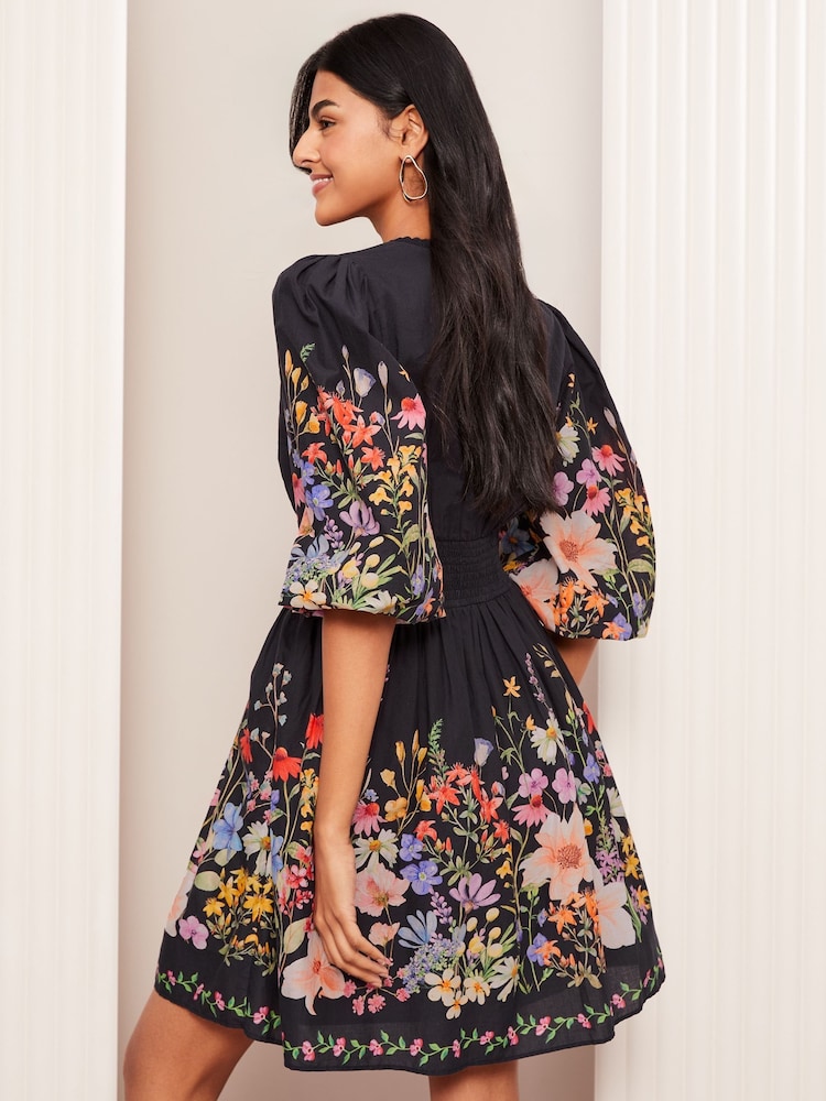 Friends Like These Black Floral Print V-Neck Puff Sleeve Placement Print 100% Cotton Mini Dress - Image 4 of 4