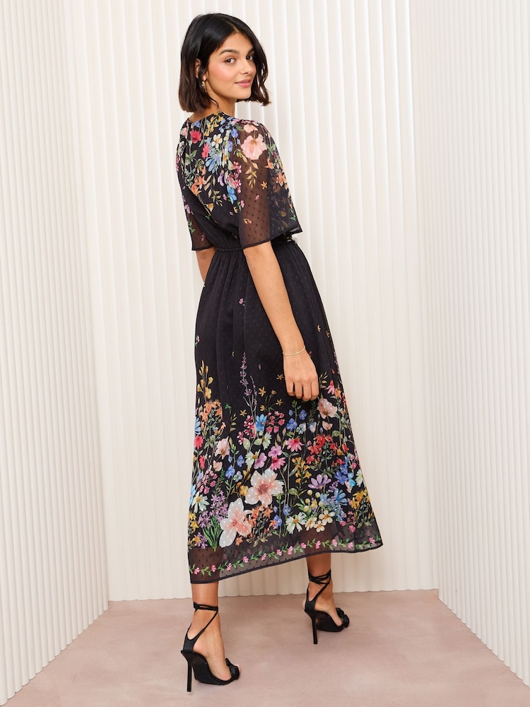 Friends Like These Black Floral Chiffon Dobby Midi Dress - Image 4 of 4