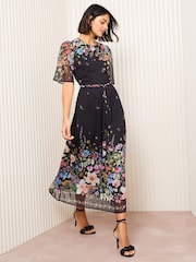 Friends Like These Black Floral Petite Chiffon Dobby Midi Dress - Image 1 of 4
