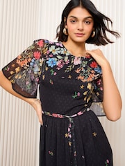 Friends Like These Black Floral Petite Chiffon Dobby Midi Dress - Image 2 of 4