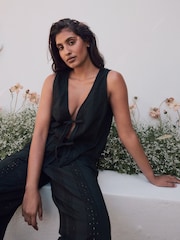 Laura Ashley Black 100% Cotton Beach Tie Front Broderie Vest Top - Image 1 of 7