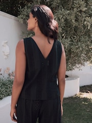 Laura Ashley Black 100% Cotton Beach Tie Front Broderie Vest Top - Image 2 of 7