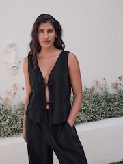 Laura Ashley Black 100% Cotton Beach Tie Front Broderie Vest Top - Image 3 of 7