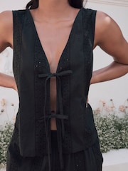 Laura Ashley Black 100% Cotton Beach Tie Front Broderie Vest Top - Image 4 of 7