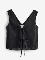 Laura Ashley Black 100% Cotton Beach Tie Front Broderie Vest Top - Image 5 of 7