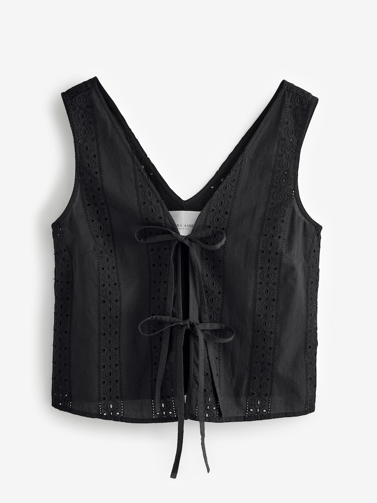 Laura Ashley Black 100% Cotton Beach Tie Front Broderie Vest Top - Image 5 of 7
