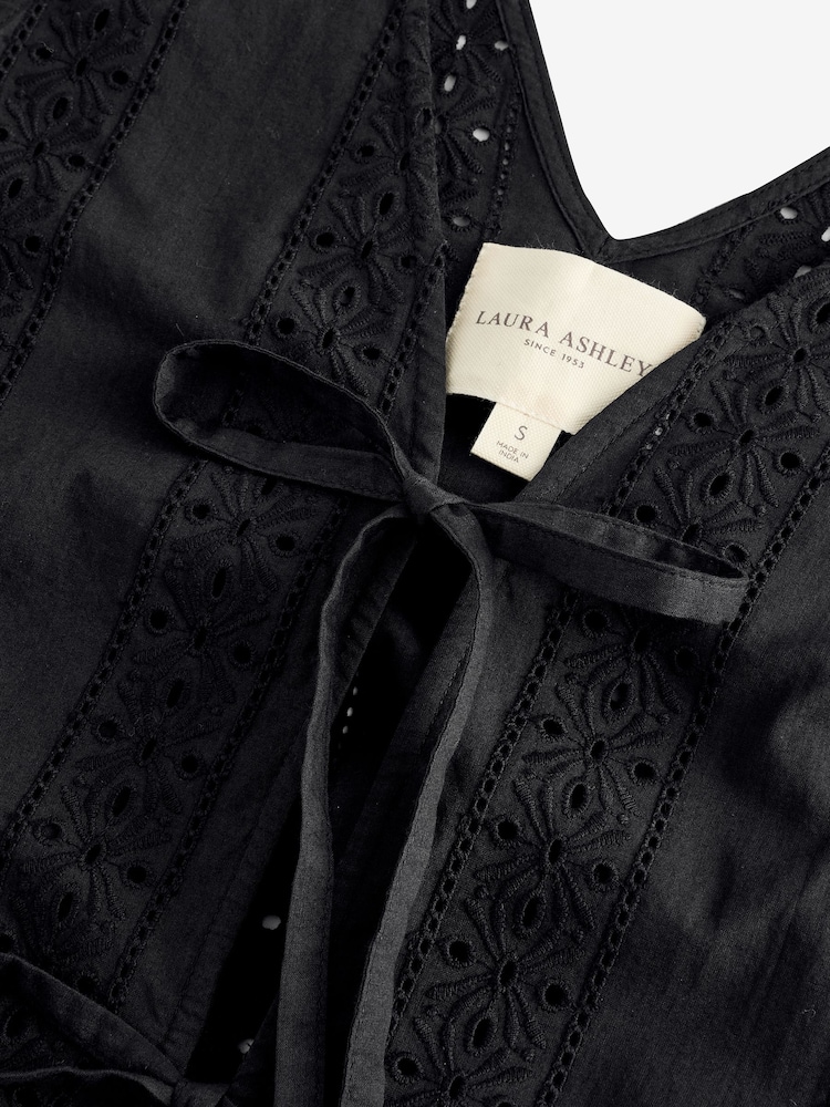 Laura Ashley Black 100% Cotton Beach Tie Front Broderie Vest Top - Image 6 of 7