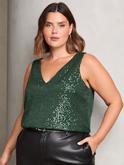 Lipsy Green Curve V Neck Sequin Vest - Image 1 of 4
