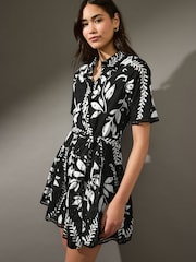 Black/White Mini Broderie Short Sleeve Tie Waist 100% Cotton Shirt Dress - Image 1 of 8